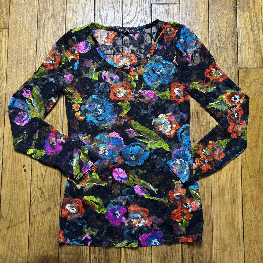 Y2K Almost Famous Floral‎ Lace Top Long Sleeve Sheer Scoop Neck Multicolor M